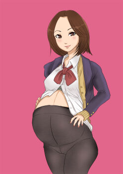 Rule 34 | 1girl, aikawa ren, blazer, blue jacket, bra, bra peek, breasts, brown eyes, brown hair, cardigan, cowboy shot, hand on own stomach, highres, jacket, looking at viewer, maternity pantyhose, medium breasts, miru tights, panties, panties under pantyhose, pantyhose, pink background, pregnant, school uniform, shirt, short hair, simple background, smile, solo, standing, unbuttoned, unbuttoned shirt, underwear, white shirt