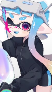 Rule 34 | 1girl, bike shorts, black sweater, blue hair, commentary request, gradient hair, gun, highres, holding, holding gun, holding weapon, ink, inkling, inkling girl, inkling player character, long hair, looking at viewer, multicolored hair, nintendo, one eye closed, open mouth, paint, pink eyes, pink hair, sabata saba, signature, smile, solo, splatoon (series), splatoon 3, splattershot (splatoon), standing, sweater, tentacle hair, thick eyebrows, watermark, weapon, white background, zipper