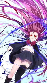 1girl absurdres asymmetrical_legwear binary black_cardigan black_skirt black_socks black_thighhighs bleeding blood bow bowtie brown_hair cardigan commentary english_commentary evil_neuro-sama feet_out_of_frame highres indie_virtual_youtuber long_hair long_sleeves neuro-sama parted_lips pleated_skirt red_bow red_bowtie red_eyes shirt single_sock single_thighhigh skirt socks solo tanhuluu thighhighs uneven_legwear very_long_hair virtual_youtuber white_shirt