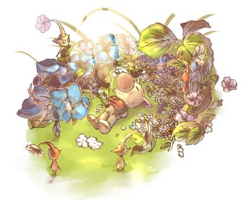 1boy alien blue_pikmin brown_hair buttons closed_eyes commentary dappled_sunlight death english_commentary flower frown funeral gloves hands_on_own_chest leaf looking_at_another lying no_headwear no_pupils olimar pikmin_(creature) pikmin_(series) pointy_ears pointy_nose red_gloves red_pikmin sony-shock spacesuit sunlight tiny white_flower yellow_pikmin