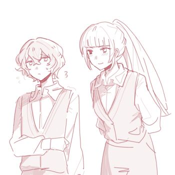 Rule 34 | 1boy, 1girl, albina (project moon), alternate species, alternate universe, arm at side, arms behind back, blunt bangs, blush, closed mouth, collared shirt, commentary request, flying sweatdrops, hair between eyes, heterochromia, high ponytail, highres, hime cut, humanization, leaning forward, limbus company, long hair, long sleeves, looking at another, ponytail, project moon, sepia, shenqi xingyu, shirt, short hair, sidelocks, sinclair (project moon), sketch, smile, sweatdrop, tsurime, undershirt, vest, white background, wing collar