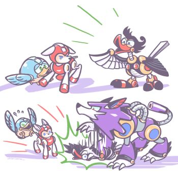 Rule 34 | armor, beat (mega man), blue eyes, character request, helmet, highres, laser-lance, mega man (classic), mega man (series), no humans, non-humanoid robot, purple armor, red armor, red helmet, robot, robot animal, robot bird, robot dog, rush (mega man), treble (mega man)