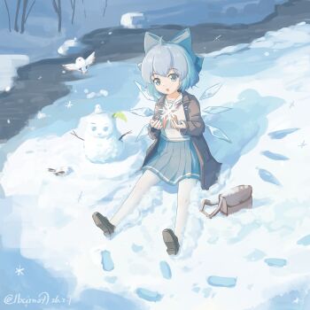 Rule 34 | 1girl, absurdres, bag, bird, blue bow, blue eyes, blue hair, bow, brown coat, character snowman, cirno, coat, commentary request, cryokinesis, daiyousei, dated, detached wings, footprints, hair bow, highres, ice, ice wings, lbcirno9, long sleeves, neckerchief, open clothes, open coat, open mouth, outdoors, pantyhose, pleated skirt, red neckerchief, sailor collar, sailor shirt, shirt, short hair, sitting, skirt, snow, snowflakes, snowman, solo, touhou, twitter username, white pantyhose, white sailor collar, white shirt, wings, winter