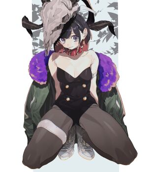 1girl black_hair black_leotard black_pantyhose bow bow_hairband breasts cleavage collarbone commentary_request earrings full_body fur-trimmed_jacket fur_trim goat_skull green_jacket hairband highres jacket jewelry kneeling leotard looking_at_viewer machi_(wm) original pantyhose purple_eyes shoes sneakers solo strapless strapless_leotard white_bow white_shoes