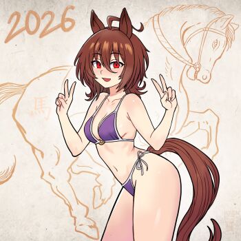 1girl 2026 absurdres agnes_tachyon_(racehorse) agnes_tachyon_(umamusume) ahoge animal_ears bare_shoulders bikini blush breasts brown_hair collarbone commentary creature_and_personification double_v english_commentary hair_between_eyes highres horse horse_ears horse_girl horse_tail medium_breasts medium_hair navel open_mouth personification purple_bikini red_eyes smile stomach swimsuit tail umamusume v watcher_hollow