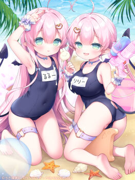 2girls ahoge arm_up ass barefoot breasts demon_tail green_eyes hair_ornament heart heart_hair_ornament holding kneeling large_breasts long_hair multiple_girls old_school_swimsuit one-piece_swimsuit open_mouth original pink_hair pointy_ears school_swimsuit small_breasts soles swimsuit tail toes tongue tongue_out usashiro_mani
