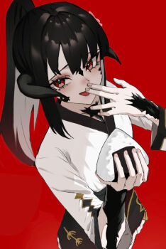 1other au_ra black_hair black_horns black_scales commission commissioner_upload dragon_horns final_fantasy final_fantasy_xiv food hair_ornament high_ponytail holding holding_food horns izumi_tol_amulius japanese_clothes kumi_(nikke985427849) long_hair looking_at_viewer onigiri original ponytail red_background red_eyes scales skeb_commission solo solo_focus warrior_of_light_(ff14)