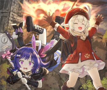 2girls :d ^_^ arms_up asymmetrical_legwear backpack bag black_boots blonde_hair bloomers bone_hair_ornament boots brown_boots brown_gloves closed_eyes commentary day dress english_commentary explosion feathers genshin_impact gloves grey_socks grey_thighhighs hair_ornament hairclip hammer hat hat_feather highres hikari_niji holding holding_hammer klee_(genshin_impact) knee_boots long_hair long_sleeves low_twintails multiple_girls newsboy_cap open_mouth outdoors pointy_ears prune_(genshin_impact) purple_eyes purple_hair red_dress red_hat ribbed_socks single_sock single_thighhigh smile socks tears thighhighs twintails underwear wavy_mouth white_bloomers white_feathers white_socks