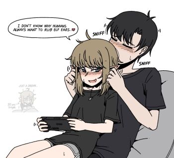 1boy 1girl black_hair blonde_hair blue_eyes blue_hair blush breasts closed_eyes elf english_text fang handheld_game_console holding holding_handheld_game_console karepack open_mouth original pointy_ears short_shorts shorts simple_background small_breasts smelling speech_bubble steam_deck white_background