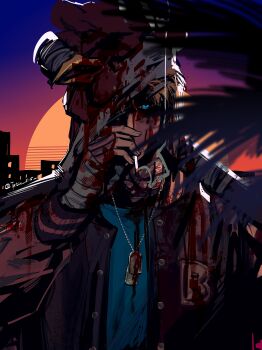 Rule 34 | 1boy, absurdres, bandaged hand, bandages, blonde hair, blood, blood on clothes, blood on face, blue eyes, blue shirt, chicken mask, cigarette, commentary, dog tags, dusk, english commentary, highres, hotline miami, jacket, jacket (hotline miami), letterman jacket, looking to the side, male focus, mask lift, open clothes, open jacket, palm tree, shirt, sideways glance, smoke, smoke trail, smoking, solo, sunset, tatsu (tatsumccree), tree, twitter username, upper body