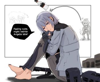 4girls absurdres ak-12_(girls&#039;_frontline) ak-15_(girls&#039;_frontline) angelia_(girls&#039;_frontline) animal barefoot bear black_nails bottle carrying_corpse character_doll closed_mouth commentary doll english_commentary english_text full_body girls&#039;_frontline grey_hair highres looking_at_viewer multiple_girls nail_polish pouch purple_eyes rpk-16_(girls&#039;_frontline) short_hair simple_background speech_bubble spoilers throwing toenail_polish toenails white_background zanqi