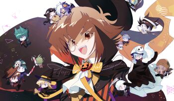 &gt;_&lt; 2girls 6+boys a_nightmare_on_elm_street absurdres animal_ears black_headwear black_robe blank_eyes blue_eyes bow broom brown_eyes brown_hair character_request chibi colored_skin cosplay daitokuji demon_horns dinosaur_costume dreadlocks edo_phoenix fangs food-themed_hair_ornament freddy_krueger freddy_krueger_(cosplay) friday_the_13th fujiwara_yuusuke ghost_costume green_hair hair_ornament happy_halloween hat hat_ornament highres horns jack-o&#039;-lantern jason_voorhees jason_voorhees_(cosplay) johan_andersen kd_(jichaman1) leatherface leatherface_(cosplay) manjoume_jun marufuji_ryo marufuji_sho misawa_daichi monocle multiple_boys multiple_girls mummy_costume open_mouth pharaoh_(cat) pumpkin_hair_ornament purple_skin robe saotome_rei sidesaddle skull_hat_ornament tenjouin_asuka tenjouin_fubuki the_texas_chainsaw_massacre tyranno_kenzan witch_hat wolf_ears wolf_paws yellow_bow yellow_eyes yu-gi-oh! yu-gi-oh!_gx yubel yuki_judai zombie_costume