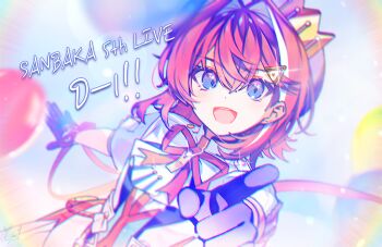 1girl :d ange_katrina blue_eyes blurry blurry_background blush chromatic_aberration commentary_request contrast_lapels crossed_bangs crown_hat_ornament diamond-shaped_pupils diamond_(shape) english_text finger_counting glint gloves hair_between_eyes hair_intakes hair_ornament hand_up hat heavy_chromatic_aberration idol_clothes index_finger_raised jacket lapels looking_at_viewer medium_hair multicolored_hair neck_ribbon nijisanji nurumi_p open_mouth puffy_short_sleeves puffy_sleeves purple_gloves red_hair red_ribbon ribbon sanbaka_anniversary_outfit short_sleeves signature smile solo streaked_hair symbol-shaped_pupils triangle_hair_ornament two-tone_hair upper_body virtual_youtuber white_hair white_jacket wrist_ribbon