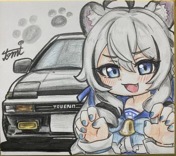 1girl absurdres ahoge animal_ear_fluff animal_ears blue_archive blue_bow blue_eyes blue_nails bow car character_request check_copyright claw_pose commentary_request copyright_request fang grey_hair highres motor_vehicle shikishi solo tomimon toyota toyota_sprinter_trueno traditional_media