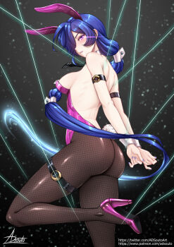 1girl adsouto animal_ears arm_strap arms_behind_back blue_hair breasts commentary detached_collar eye_trail fake_animal_ears fake_tail fishnet_pantyhose fishnets hair_over_one_eye high_heels highres leotard light_trail long_hair looking_at_viewer medium_breasts pantyhose pink_leotard playboy_bunny promeia_(zenless_zone_zero) purple_eyes rabbit_ears rabbit_tail signature solo standing standing_on_one_leg strapless strapless_leotard string tail thigh_strap variant_set very_long_hair wrist_cuffs zenless_zone_zero