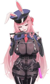 absurdres animal_ears belt between_breasts bikini black_belt black_bikini black_pantyhose black_thighhighs bodystocking breasts commentary covered_navel ears_through_headwear elbow_gloves fingerless_gloves gloves hat highres holding holding_stick krabking large_breasts long_hair necktie necktie_between_breasts original pantyhose pink_hair playboy_bunny police police_hat police_uniform policewoman red_eyes red_necktie short_sleeves shrug_(clothing) simple_background stick swimsuit thighhighs tongue tongue_out white_background