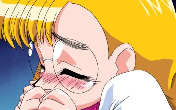 1girl 2000 animated animated_gif anna_miller blonde_hair blue_background blue_eyes blush braid choker closed_eyes crying crying_with_eyes_open game_cg glasses hand_on_another&#039;s_shoulder hands_on_another&#039;s_shoulders karin_(viper) looking_to_the_side nodding open_mouth own_hands_clasped own_hands_together pc-98_(style) pink_choker retro_artstyle ribbon_choker solo tears turning_head viper_(series) viper_gtb waitress