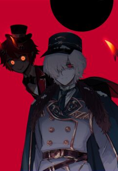 2boys andrew_kreiss andrew_kreiss_(train_conductor) belt black_bow black_bowtie black_jacket blue_necktie bow bowtie brown_belt c: cross_scar demon_horns demon_tail expressionless fur-trimmed_jacket fur_trim glowing glowing_eyes gold_trim hat highres horns identity_v jacket jacket_on_shoulders kepi lapels looking_at_viewer male_focus military_hat mini_hat mini_top_hat multiple_boys necktie official_alternate_costume orange_eyes pale_skin red_eyes red_hair scar scar_on_face shaded_face shirt smile snow_on_clothes snow_on_head stitched_mouth stitches tail tendenbarabara thick_eyebrows top_hat train_conductor upper_body victor_grantz victor_grantz_(keyboard) white_shirt