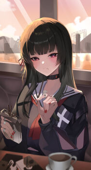 1girl absurdres arm_cutout black_choker black_hair black_jacket black_shirt blush breasts bright_pupils chisa_(wuthering_waves) choker closed_mouth clothing_cutout commentary fingernails food hair_ribbon highres holding holding_food holding_pocky indoors jacket long_fingernails long_hair long_sleeves looking_at_viewer medium_breasts nail_polish orange_sky pocky red_eyes red_nails red_ribbon ribbon sailor_collar shirt sirong_e sky smile solo white_pupils white_sailor_collar wuthering_waves