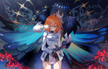 1boy 1girl ahoge arthropod_boy arthropod_limbs black_gloves black_hair cape chaldea_logo chaldea_uniform closed_eyes command_spell crown diamond_hairband dragonfly_wings fate/grand_order fate_(series) fujimaru_ritsuka_(female) fujimaru_ritsuka_(female)_(decisive_battle_chaldea_uniform) fur-trimmed_cape fur_trim gloves hand_on_another&#039;s_face highres insect_wings jacket long_sleeves medium_hair oberon_(fate) oberon_(third_ascension)_(fate) orange_eyes orange_hair shirt smile spread_wings string string_of_fate trashochist white_jacket white_shirt wing_cape wings yellow_eyes