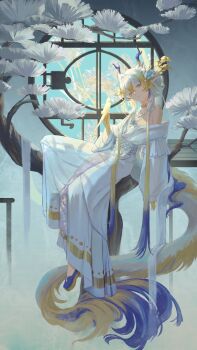 1girl absurdres ambience_synesthesia animal arknights bare_shoulders bird bird_on_hand blonde_hair blue_shoes chinese_commentary commentary_request dragon_girl dragon_horns dragon_tail dress flower full_body grey_eyes hair_between_eyes highres horns in_tree jewelry lattice long_hair looking_at_viewer making-of_available multicolored_hair necklace no_socks off_shoulder official_alternate_costume on_tree parted_lips pearl_necklace plant pointy_ears purple_hair qinbaozi869 shoes shu_(arknights) shu_(bingwenyuyou)_(arknights) sitting sitting_in_tree solo tail tree very_long_hair white_dress white_flower white_hair yellow_bird