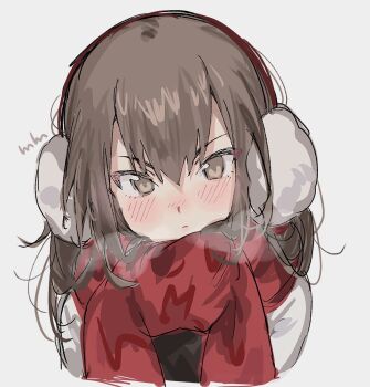 1girl alternate_costume aogisa blush brown_eyes brown_hair commentary_request cropped_torso earmuffs grey_background hair_between_eyes highres kantai_collection looking_at_viewer red_scarf scarf signature simple_background solo taihou_(kancolle) upper_body