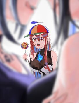 3girls blue_fire blue_hair blurry blurry_foreground breasts candy elizabeth_rose_bloodflame elizabeth_rose_bloodflame_(1st_costume) fire fire_on_chest food hair_between_eyes highres holding holding_candy holding_food holding_lollipop hololive hololive_english large_breasts lollipop long_hair massiveyog multiple_girls nerissa_ravencroft open_mouth propeller propeller_hat red_eyes red_hair shiori_novella swirl_lollipop teeth virtual_youtuber white_background