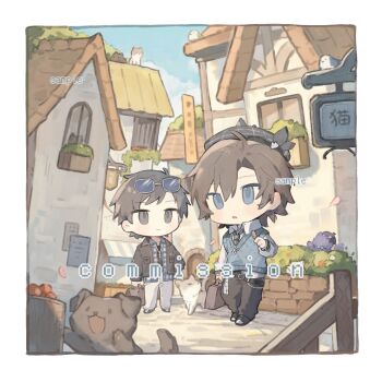 2boys absurdres ahoge black_hat black_necktie black_pants black_shoes blue_eyes blue_sweater_vest border brown_hair chibi chibi_only closed_mouth collared_shirt commission day dog eyewear_on_head full_body grey_eyes hair_between_eyes haiyan_limeng hat highres house long_sleeves male_focus multiple_boys necktie open_mouth original outdoors pants parted_bangs sample_watermark shirt shoes short_hair standing sunglasses sweater_vest watermark white_border white_pants white_shirt wing_collar