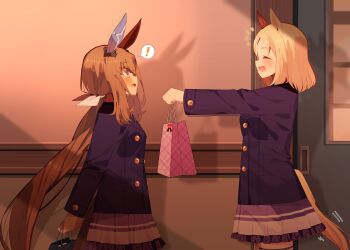 ! 2girls ^_^ admire_vega_(umamusume) amane_hikari animal_ears bag blonde_hair blush brown_hair brown_tail buttons closed_eyes coat commentary cowboy_shot double-breasted dusk ear_covers frilled_skirt frills gift hallway happy_aura highres holding holding_bag holding_gift horse_ears horse_girl horse_tail long_hair medium_hair motion_lines multiple_girls narita_top_road_(umamusume) purple_coat purple_skirt school school_uniform shadow sideways_mouth single_ear_cover skirt spoken_exclamation_mark standing surprised tail tracen_school_uniform tracen_winter_coat umamusume unmoving_pattern valentine very_long_hair yellow_tail