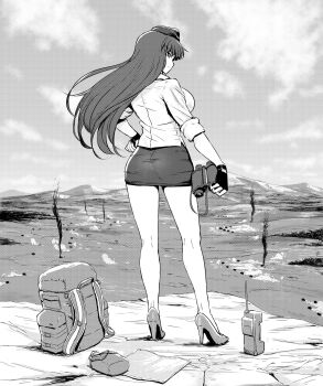 10s 1girl absurdres ass backpack bag binoculars blouse blunt_bangs canteen closed_mouth cloud cloudy_sky commentary day female_focus fingerless_gloves from_behind frown full_body garrison_cap girls_und_panzer gloves greyscale guhanshounen halftone hand_on_own_hip hat high_heels highres holding holding_binoculars kneepits long_hair looking_at_viewer looking_back map mature_female microskirt military military_hat military_uniform miniskirt monochrome mountain nishizumi_shiho outdoors pencil_skirt shirt skirt sky sleeves_rolled_up smoke solo standing straight_hair walkie-talkie wind