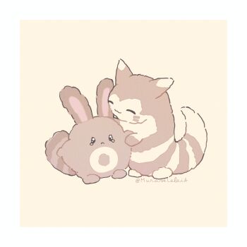 artist_name border brown_background brown_fur closed_eyes commentary_request evolutionary_line furret gen_2_pokemon highres light_smile murase_(muraselelait) nintendo no_humans outside_border pokemon pokemon_(creature) pokemon_focus sentret simple_background tail tearing_up two-tone_fur white_border
