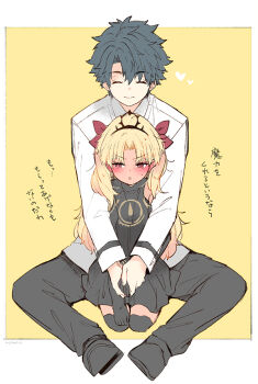 1boy 1girl ^_^ azumi_(myameco) black_pants black_shoes black_skirt blonde_hair closed_eyes commentary_request ereshkigal_(fate) fate/grand_order fate_(series) fujimaru_ritsuka_(male) hair_ribbon long_hair long_sleeves pants red_ribbon ribbon shirt shoes sitting skirt translation_request white_shirt yellow_background