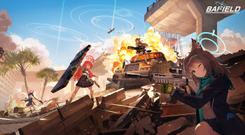 4girls absurdres ahoge aiming ajaz_(artist) animal_ear_fluff animal_ears assault_rifle balaclava ballistic_shield battle battlefield_(series) battlefield_6 beretta_1301 beretta_ar70/90 black_hair black_skirt blazer blonde_hair blue_archive blue_eyes blue_halo blue_jacket blue_necktie blue_scarf blue_sky breasts bus cardigan cat_ears cat_girl chinese_commentary commentary_request cross cross_hair_ornament drone explosion extra_ears foreclosure_task_force_(blue_archive) gatling_gun gloves green_gloves grey_hair gun hair_bun hair_ornament halo highres holding holding_shield hoshino_(blue_archive) huge_ahoge inverted_cross jacket large_breasts logo_parody long_hair m134_minigun mask medium_hair minigun motor_vehicle multiple_girls necktie nonomi_(blue_archive) one_eye_closed open_mouth orange_halo outdoors overpass palm_tree pink_hair pink_halo plaid_clothes plaid_skirt pleated_skirt projectile_trail red_eyes red_halo rifle road rubble scarf school_bus serika_(blue_archive) shield shielding shiroko_(blue_archive) shirt shotgun sig_sauer_556 single_side_bun skirt sky smile street tree twintails under_fire unworn_mask very_long_hair weapon white_shirt wolf_ears wolf_girl yellow_cardigan