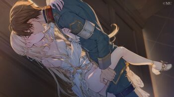 1boy 1girl against_wall bare_legs blonde_hair blush bow braid brown_hair censored closed_eyes commentary door dress game_asset grabbing_another's_thighs hand_on_another's_back harihara_hari hetero high_heels indoors kiss long_hair long_sleeves looking_at_another military_uniform mosaic_censoring official_art open_mouth pants philia_kartner profile sex short_hair standing standing_sex strapless sweatdrop the_goddess_of_tears_~restoration~ tile_floor tiles vaginal variant_set visual_novel_cg white_dress wil