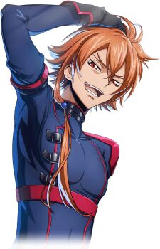 1boy ashley_ashura black_gloves blue_bodysuit bodysuit code_geass code_geass:_lost_stories f4samurai game_cg gloves happy looking_at_viewer official_art orange_hair red_eyes short_hair simple_background solo standing