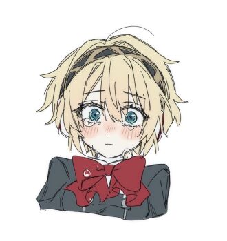 1girl ahoge aigis_(persona) android aqua_eyes black_jacket blonde_hair blush bow crying crying_with_eyes_open double-parted_bangs frown gekkoukan_high_school_uniform gold_hairband hair_between_eyes hairband jacket messy_hair persona persona_3 portrait red_bow robot_ears sakizome school_uniform solo tears
