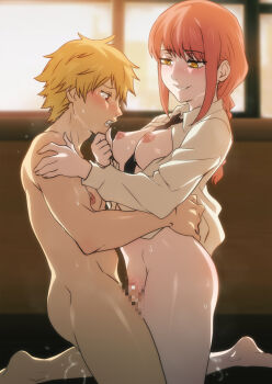 1boy 1girl black_necktie braid braided_ponytail breasts censored chainsaw_man clothed_female_nude_male denji_(chainsaw_man) hetero highres jcm2 kneeling long_hair makima_(chainsaw_man) medium_breasts mosaic_censoring necktie nipples nude open_clothes open_shirt red_hair sex shirt smile white_shirt yellow_eyes