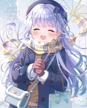 Rule 34 | 1girl, bag, blue bag, blue coat, blue hair, blush, breath, brown sweater, character name, closed eyes, coat, commentary request, dated, facing viewer, fringe trim, fur-trimmed sleeves, fur trim, gloves, gochuumon wa usagi desu ka?, hair ornament, happy birthday, hat, highres, holding, holding umbrella, kafuu chino, long hair, mozukun43, open clothes, open coat, open mouth, red gloves, scarf, scrunchie, shoulder bag, smile, solo, sweater, umbrella, very long hair, winter clothes, x hair ornament, yellow scrunchie