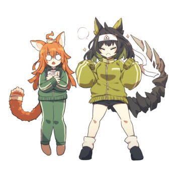 Rule 34 | 2girls, ahoge, animal ears, arknights, black shorts, blank eyes, cat ears, cat tail, clipboard, gameplay mechanics, green hair, headband, holding, holding clipboard, jacket, lari lab, long hair, mon3tr (arknights), multiple girls, orange hair, pants, papyrus (arknights), shorts, sleeves past fingers, sleeves past wrists, tail, track jacket, track pants, track suit, white background, white headband