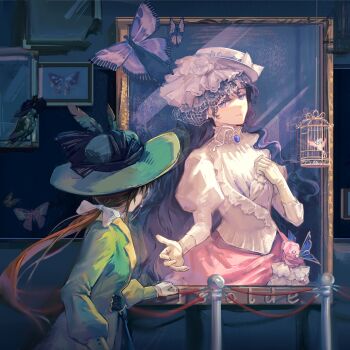 Rule 34 | 1999, 1girl, absurdres, bird, birdcage, black hair, bow, brown hair, bug, butterfly, cage, character name, feiteyin, framed insect, glasses, gloves, green hair, hair bow, hand on own chest, hat, hat feather, highres, insect, insect collection, isolde (reverse:1999), juliet sleeves, kakania (reverse:1999), long hair, long sleeves, painting (object), picture frame, puffy long sleeves, puffy sleeves, reverse:1999, solo, white bow, white gloves, white hat