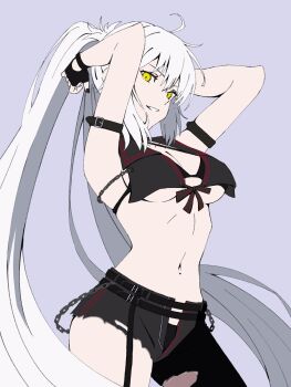 1girl asymmetrical_clothes benjamin_(user_cajx4852) bikini black_bikini black_gloves black_pants fate/grand_order fate_(series) fingerless_gloves gloves grey_background grey_hair grin hashtag-only_commentary highres jeanne_d&#039;arc_alter_(fate) jeanne_d&#039;arc_alter_(mystery_treasure)_(fate) jeanne_d&#039;arc_alter_(swimsuit_berserker)_(fate) long_hair navel official_alternate_costume pants ponytail simple_background single_pantsleg smile solo stomach swimsuit very_long_hair