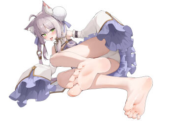 1girl ahoge animal_ear_fluff animal_ears bare_shoulders barefoot blush commentary_request commission detached_sleeves dress full_body green_eyes grey_hair hair_between_eyes highres kagemoe1003 legs long_hair looking_at_viewer masquerade_channel multicolored_sleeves nekoda_pepero panties purple_dress purple_sleeves simple_background sleeves_past_wrists solo thighs toes tongue tongue_out two-tone_sleeves underwear white_background white_panties white_sleeves