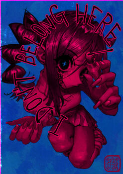 1girl absurdres bandaid bandaid_on_knee bandaid_on_leg blue_background closed_mouth english_text fingernails flower-shaped_pupils full_body highres holding holding_marker leg_warmers long_fingernails long_hair looking_at_viewer marker miniskirt multi-tied_hair original pleated_skirt qr_code red_theme skirt solo symbol-shaped_pupils writing yu_(stdio_nameraka)
