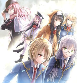 6+girls absurdres aikawa_megumi asakura_karen_(heaven_burns_red) black_hair blonde_hair bow bowtie brown_hair commentary_request glasses green_eyes grey_hair hat heaven_burns_red highres hood hooded_jacket izumi_yuki_(heaven_burns_red) jacket kayamori_ruka kepekki_kanojo kunimi_tama multiple_girls neck_ribbon necktie pink_eyes pink_hair red_eyes ribbon sailor_hat school_uniform toujou_tsukasa yellow_eyes