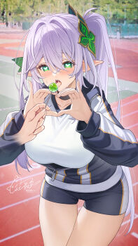 1girl aged_up alternate_breast_size_(larger) alternate_costume black_jacket blush breasts candy catsmoon chupa_chups closed_mouth cowboy_shot disembodied_hand food genshin_impact green_eyes grey_hair hair_between_eyes hair_ornament heart heart-shaped_pupils heart_hands highres holding holding_candy holding_food jacket large_breasts lollipop long_hair long_sleeves nahida_(genshin_impact) open_mouth outdoors partially_unzipped pointy_ears saliva shirt signature smile solo symbol-shaped_pupils thighs tongue tongue_out track_uniform white_shirt
