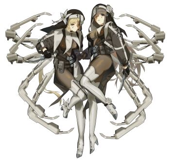 2girls absurdres black_dress black_eyes black_veil blonde_hair boots breasts cleavage commentary cropped_jacket dress esnowg flower flower_on_head grey_eyes grey_hair grey_jacket hair_over_one_eye high_heel_boots high_heels highres holding holding_knife jacket knife large_breasts long_hair looking_at_viewer multiple_girls nun open_clothes open_jacket original pantyhose solo symbol-only_commentary symbol-shaped_pupils thigh_boots veil white_boots white_flower x-shaped_pupils