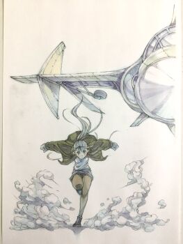 1girl aircraft airplane black_eyes black_shoes black_skirt blonde_hair bomber_jacket clenched_hands closed_mouth commentary dust floating_hair green_jacket highres jacket landing_gear leg_up looking_at_viewer open_clothes open_jacket original outstretched_arms pantyhose pencil_skirt peter_salt ponytail shirt shoes skirt solo spread_arms standing standing_on_one_leg takeoff traditional_media white_shirt