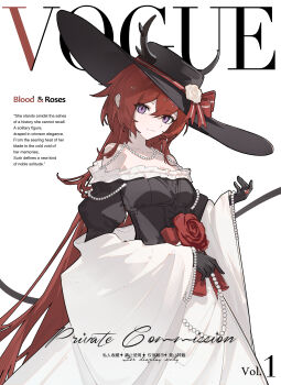 1girl absurdres arknights bare_shoulders black_gloves black_hat black_horns black_shirt chinese_commentary closed_mouth collarbone commentary_request cover english_text fake_magazine_cover gloves hair_between_eyes hat highres horns horns_through_headwear isekai_douyou_(chant) jewelry light_smile long_hair magazine_cover necklace off_shoulder pearl_necklace purple_eyes red_hair shawl shirt skirt solo surtr_(arknights) very_long_hair watermark white_background white_skirt