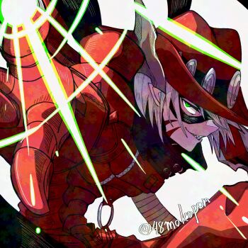 Rule 34 | 1boy, 48mokopon, coat, digimon, digimon (creature), green eyes, grey hair, hat, highres, magnakidmon, male focus, red coat, red hat, short hair, simple background, solo, twitter username, upper body, white background