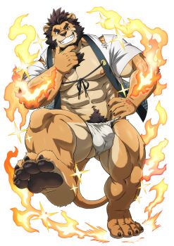 1boy abs alca_(wakatanka4) alca_the_lion animal_ears bara bare_pectorals beard black_hair bulge covered_penis facial_hair feet fiery_aura fire full_beard full_body fundoshi furry furry_male gyee hand_on_own_chin highres japanese_clothes large_pectorals lion_boy lion_ears lion_tail looking_at_viewer male_focus mature_male muscular muscular_legs muscular_male navel navel_hair nipples original pectorals presenting_foot pyrokinesis rossciaco seductive_smile short_hair smile soles solo sparkle_background standing stomach stroking_beard stroking_own_chin strongman_waist tail thick_beard thick_eyebrows thick_navel_hair thighs